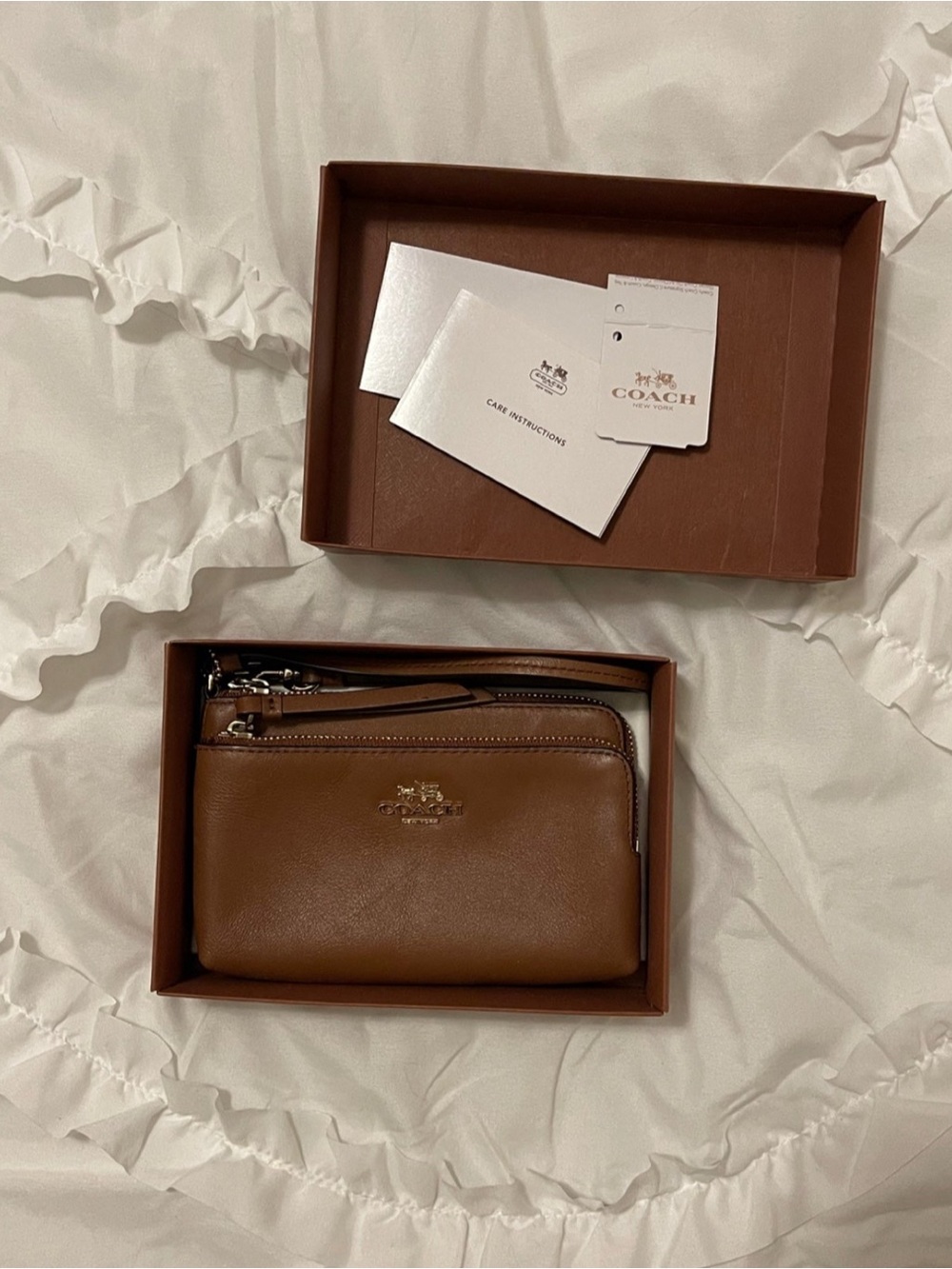 Coach Saddle Brown Madison Double Zip Corner Wristlet Wallet